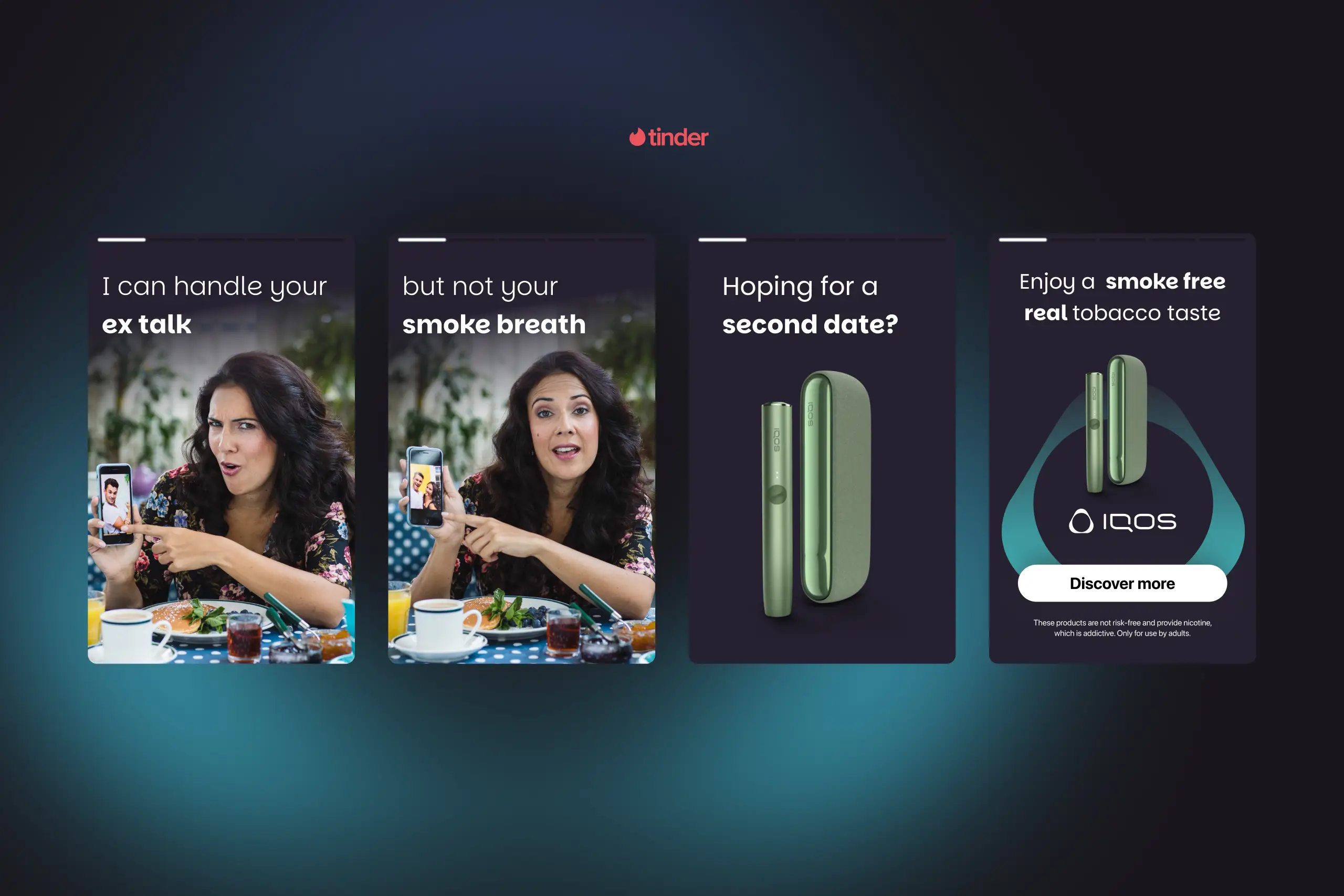 A mockup of digital ad concept for IQOS vaping devices, depicting bad date scenarios. Visualised as a storyboard of steps.