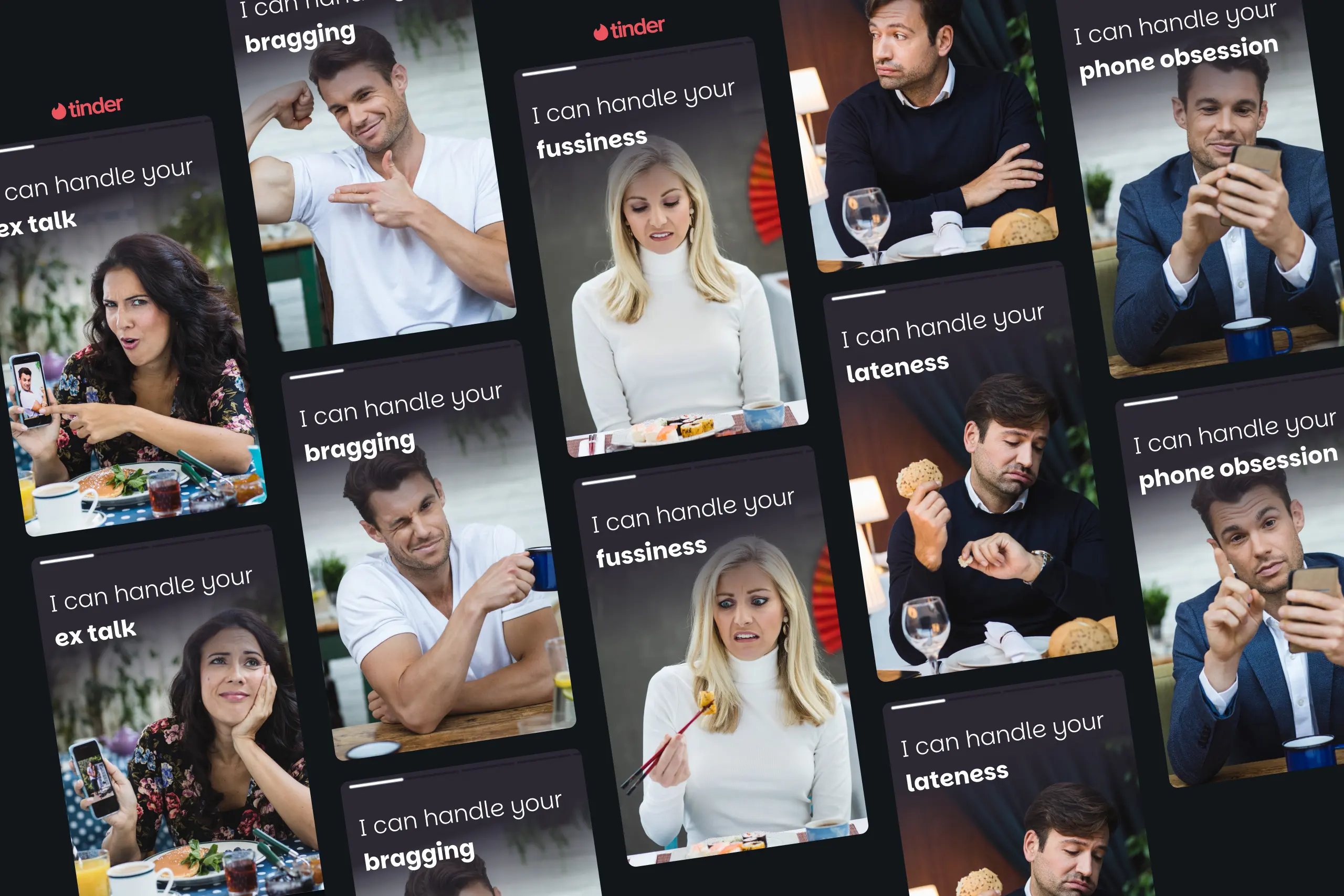 A mockup of digital ad concept for IQOS vaping devices, depicting bad date scenarios. Visualised as a set of screen mockups.